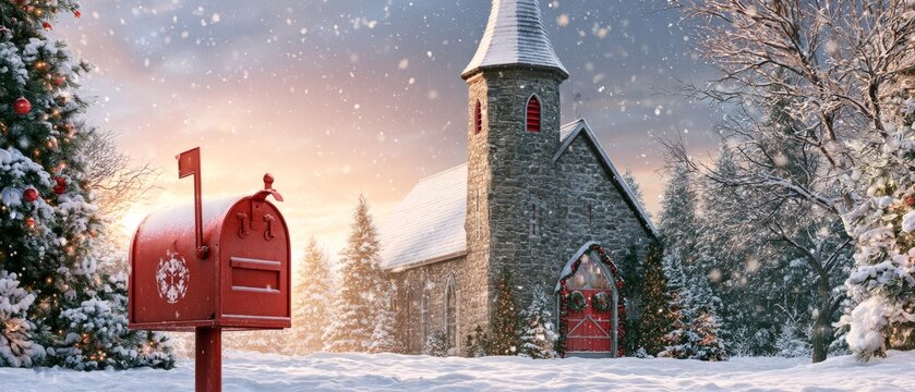 Red Christmas Mailbox Beside Snowy Stone Church at Sunset
