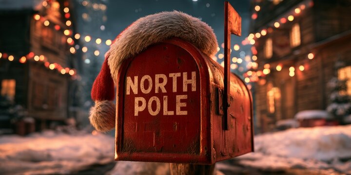 Vintage North Pole Christmas Mailbox Wearing Santa Hat in Snow
