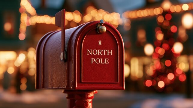Red North Pole Christmas Mailbox with Festive Village Lights