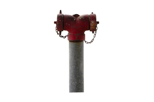 Old red fire hydrants installed connection system to deliver water along pipe line. Isolated on cut out PNG or transparent background. Fire safety, emergency equipment, public infrastructure.