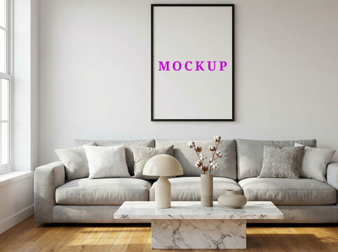 Minimalist wall frame mockup template for art prints, blank living room wall art mockup, modern interior poster mockup