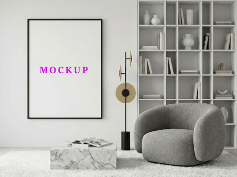Blank wall frame mockup template. Japandi house wall art mockup. Modern interior poster mockup. Digital frame mockup design.