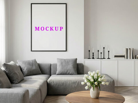 Blank wall frame mockup template. Minimalist house wall art mockup, digital frame mockup design. Modern interior poster mockup