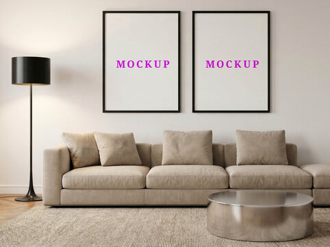 Set of two blank frame mockup template for art prints, modern interior poster mockup, blank living room wall art mockup