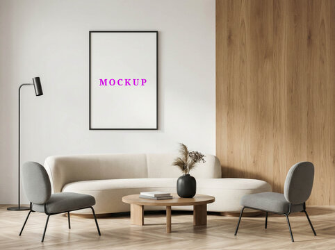 Minimalist wall frame mockup template for art prints, modern interior poster mockup, blank living room wall art mockup