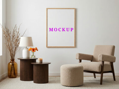 Blank wall frame mockup template. Minimalist house wall art mockup, digital frame mockup design. Modern interior poster mockup