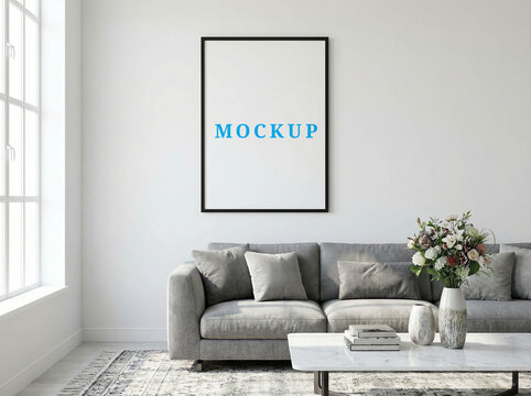 Minimalist wall frame mockup template for art prints. Modern interior poster mockup. Blank living room wall art mockup