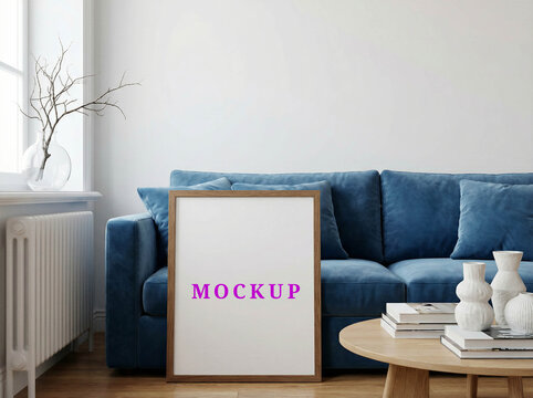 Modern minimalist wall frame mockup. Japandi living room wall art mockup. Blank poster mockup template.