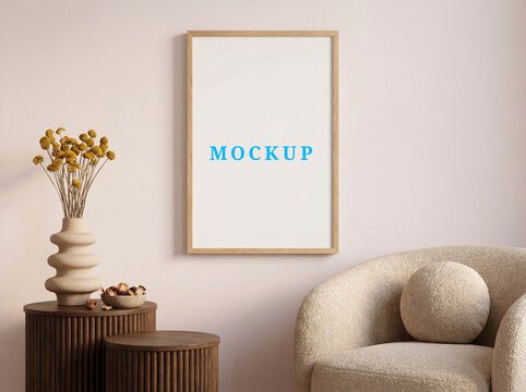 Japandi wall frame mockup. Minimalist interior poster mockup. Blank Scandinavian living room art