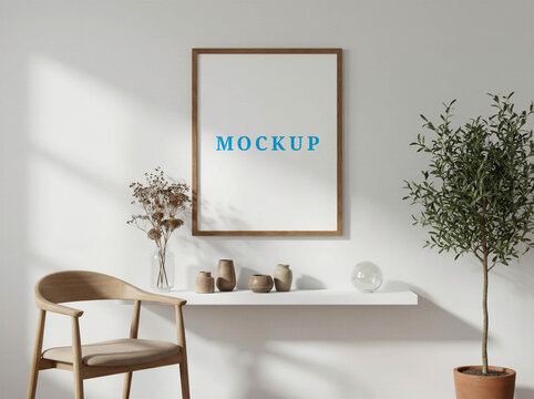 Blank wall frame mockup template. Minimalist house wall art mockup, digital frame mockup design. Modern interior poster mockup