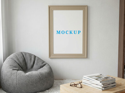 Modern minimalist wall frame mockup. Japandi living room wall art mockup. Blank poster mockup template.