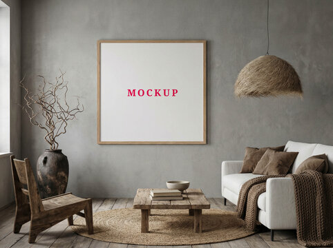 Japandi square frame mockup. Minimalist interior poster mockup. Blank Scandinavian living room art