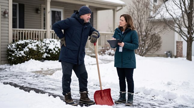 Man with back pain holding shovel after clearing snow talking to claims agent. Homeowner suffering injury on driveway. Winter injuries and healthcare assessment concept