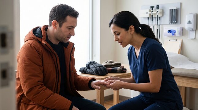Doctor examining man injured hand in clinic. Female healthcare worker checking frostbite on patient fingers after cold weather exposure. Medical care and winter injury concept