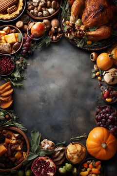 Thanksgiving Still Life Border with Roasted Turkey, Harvest Pie, Apples and Nuts Framing Dark Rustic Background for Seasonal Copy Space