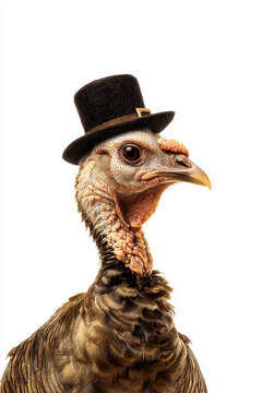 Turkey with a Hat on Clean White Background for Thanksgiving Marketing, Branding, Cards and Seasonal Graphic Design Needs