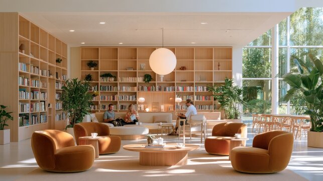 Modern bright bookstore interior with tall birch shelves and people reading in lounge area with orange armchairs