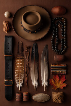 Thanksgiving Elements with Tan Hat, Leather Accessories, Autumn Feathers and Rustic Decor Styled for Seasonal Craft and Celebration Concepts