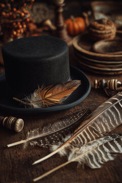 Thanksgiving Elements Including Black Hat, Tribal Feathers and Rustic Accessories for Autumn Decor and Cultural Heritage Displays