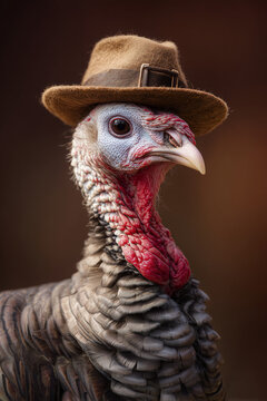 Turkey with a Hat Wearing Brown Felt Buckled Cap on Autumn Background for Thanksgiving Branding and Holiday Promotions