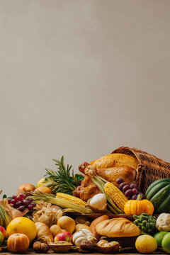 Thanksgiving Still Life with Cornucopia Display Featuring Roasted Turkey, Fresh Corn, Apples and Seasonal Vegetables Against Neutral Background