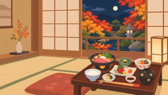 apanese Inn Room with Kaiseki Dinner Tray, Lantern, and Moonlit Autumn Garden View