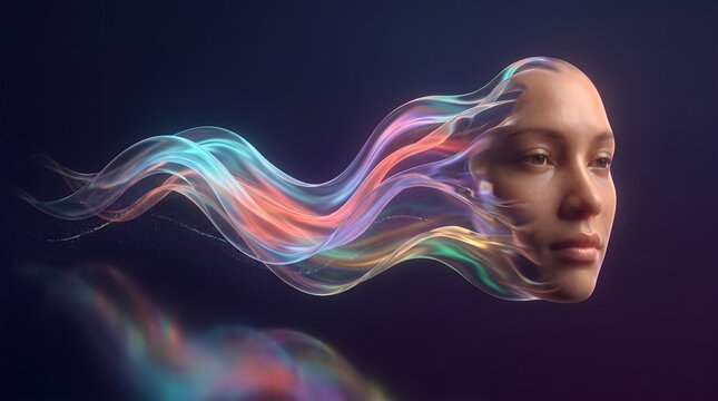 Surreal head dissolving into flowing liquid light trails