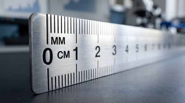Close up of a stainless steel metal ruler with metric measurements in centimeters and millimeters.