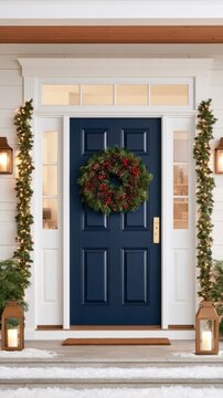 Navy front door with pine wreath and red berries, flanked by lit garlands and lanterns on snowy steps, holiday decoration