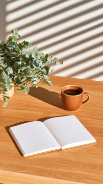 Wooden table with open white blank planner, brown ceramic mug of coffee and green eucalyptus plant, organizational stationery