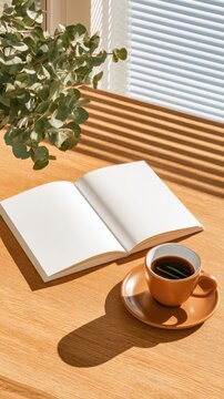 Wooden table with open blank notebook and terracotta coffee cup beside eucalyptus branch under window blinds, morning workspace setup