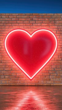 Red brick wall background with large glowing neon heart symbol and wet floor reflection representing romantic love concept