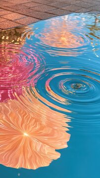 Vertical scene of colorful reflections in rain puddle on brown stone pavement with concentric ripples, water surface pattern