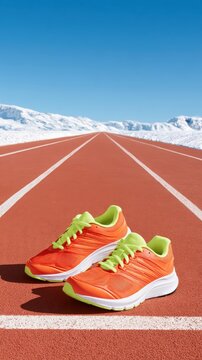 Sportswear scene with orange and neon green running shoes on red track covered in fresh snow, athletic gear