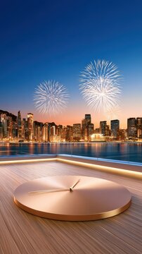 Giant sculptural copper clock on wooden rooftop terrace overlooking illuminated city skyline at night with fireworks over water, New Year countdown celebration concept