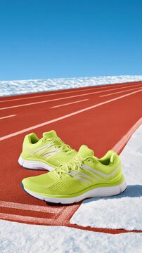 Red running track with snow at edges featuring bright lime green athletic shoes with white soles and laces, winter sports equipment