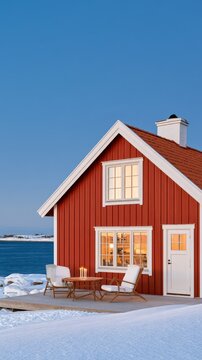 Red Scandinavian wooden cabin with white trim and glowing candles on winter deck by sea coastal architecture