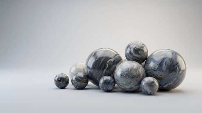 Polished marble spheres arranged in a group on a soft