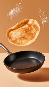 Black nonstick frying pan with golden pancake flipping in mid air above beige surface breakfast preparation