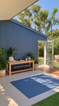 Covered patio with blue corrugated shed wall and wooden bench holding black kettlebells next to open glass door leading to backyard garden, outdoor home gym setup