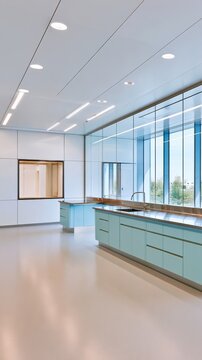 Empty clean laboratory room with white walls, turquoise cabinets, stainless steel worktops, sink and glass partition, modern laboratory interior