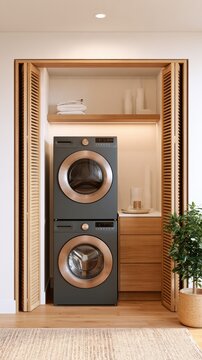 Laundry closet interior with stacked grey washer and dryer, wooden shelving, and louvered doors, home organization