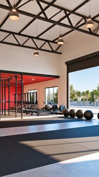 Modern gym interior with black exercise balls lined up on floor, red accent wall, metal truss ceiling, and rowing machines under pendant lights, fitness facility