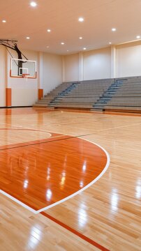 Indoor basketball court featuring polished wood floor, white boundary lines, hoop, and empty seating bleachers along wall