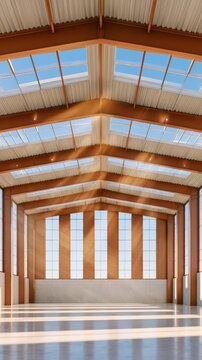 Polished concrete floor under glass roof panels in spacious industrial hangar with high ceiling and steel structure