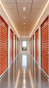 Interior corridor of self storage facility with orange roll up doors and polished concrete floor showing symmetry