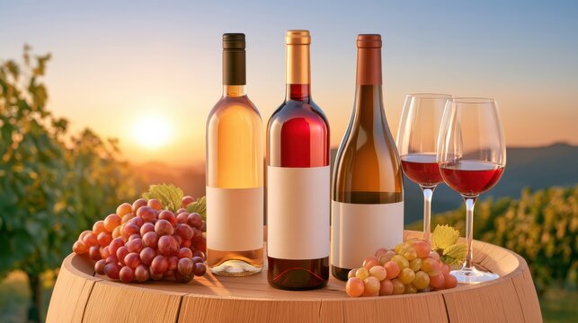 Wooden barrel holding three wine bottles without labels beside filled glasses and fresh grape clusters at sunset, wine tasting setup