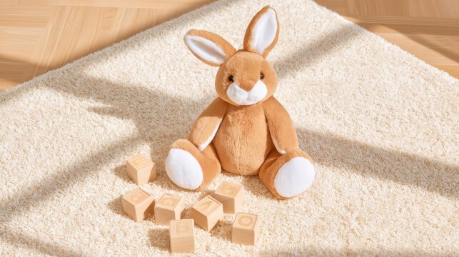 Cream plush rug with brown stuffed rabbit toy and scattered wooden alphabet blocks, childhood nursery play set