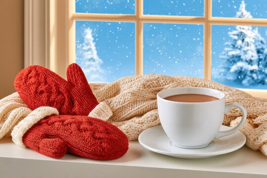 Red knitted wool mittens and cream cable scarf arranged with hot cocoa in white cup on windowsill with snowy forest view, cozy winter comfort scene
