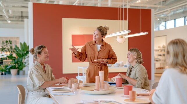 Inside store workshop with female customers and instructor discussing clay pottery and ceramic art
